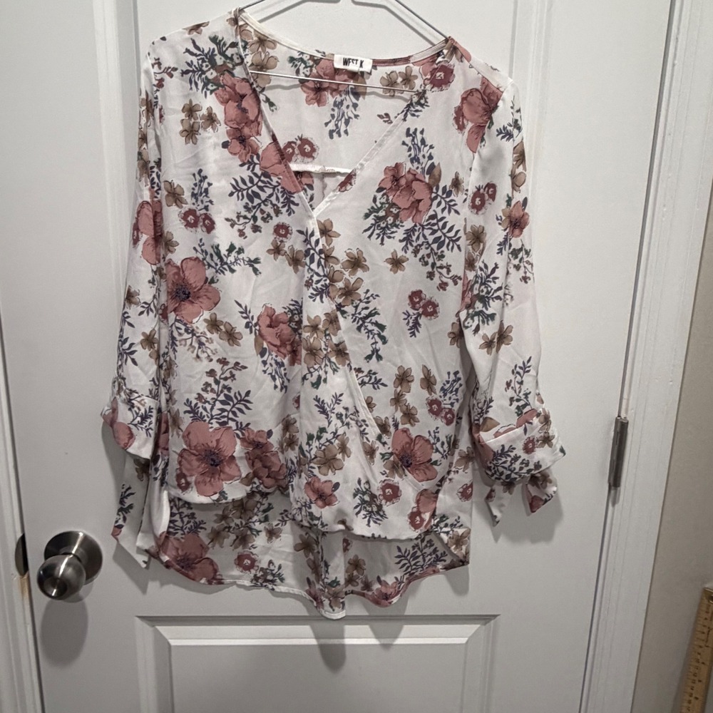 West K Womens Blouse Floral Faux Wrap White Pink S